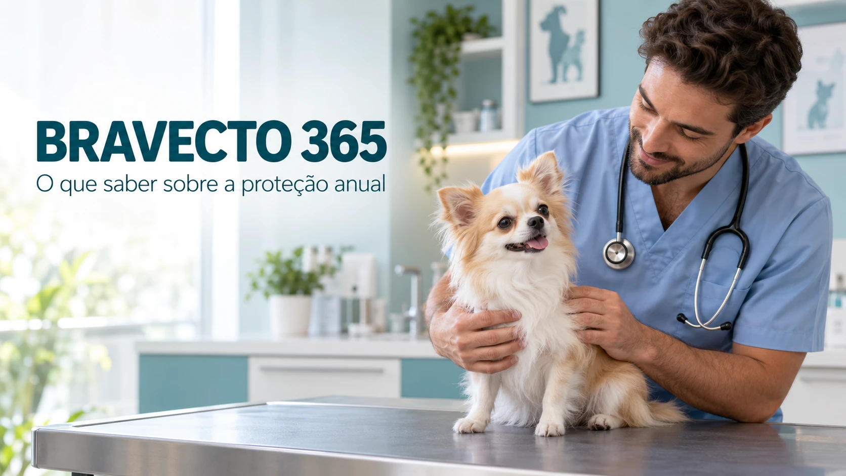 Cena ilustrativa de um Chihuahua sendo examinado em consultório veterinário