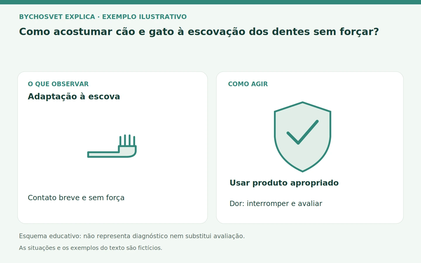 Adaptação à escova: Contato breve e sem força. Usar produto apropriado; Dor: interromper e avaliar