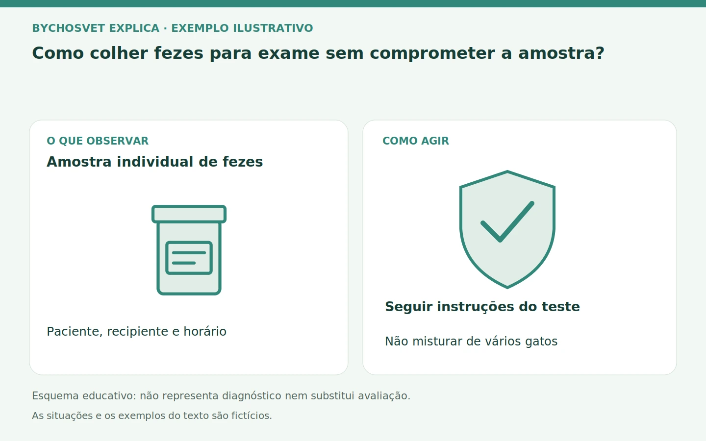 Amostra individual de fezes: Paciente, recipiente e horário. Seguir instruções do teste; Não misturar de vários gatos