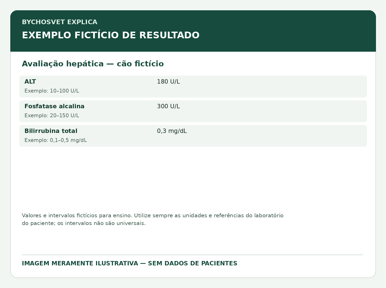 Avaliação hepática — cão fictício — modelo fictício de resultado para fins educativos