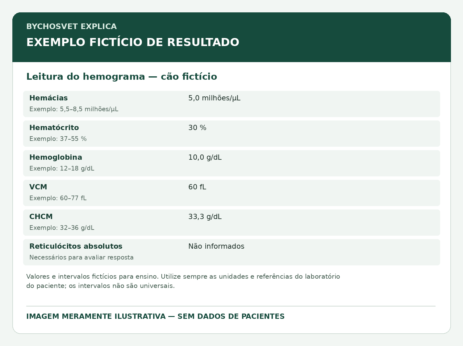 Leitura do hemograma — cão fictício — modelo fictício de resultado para fins educativos