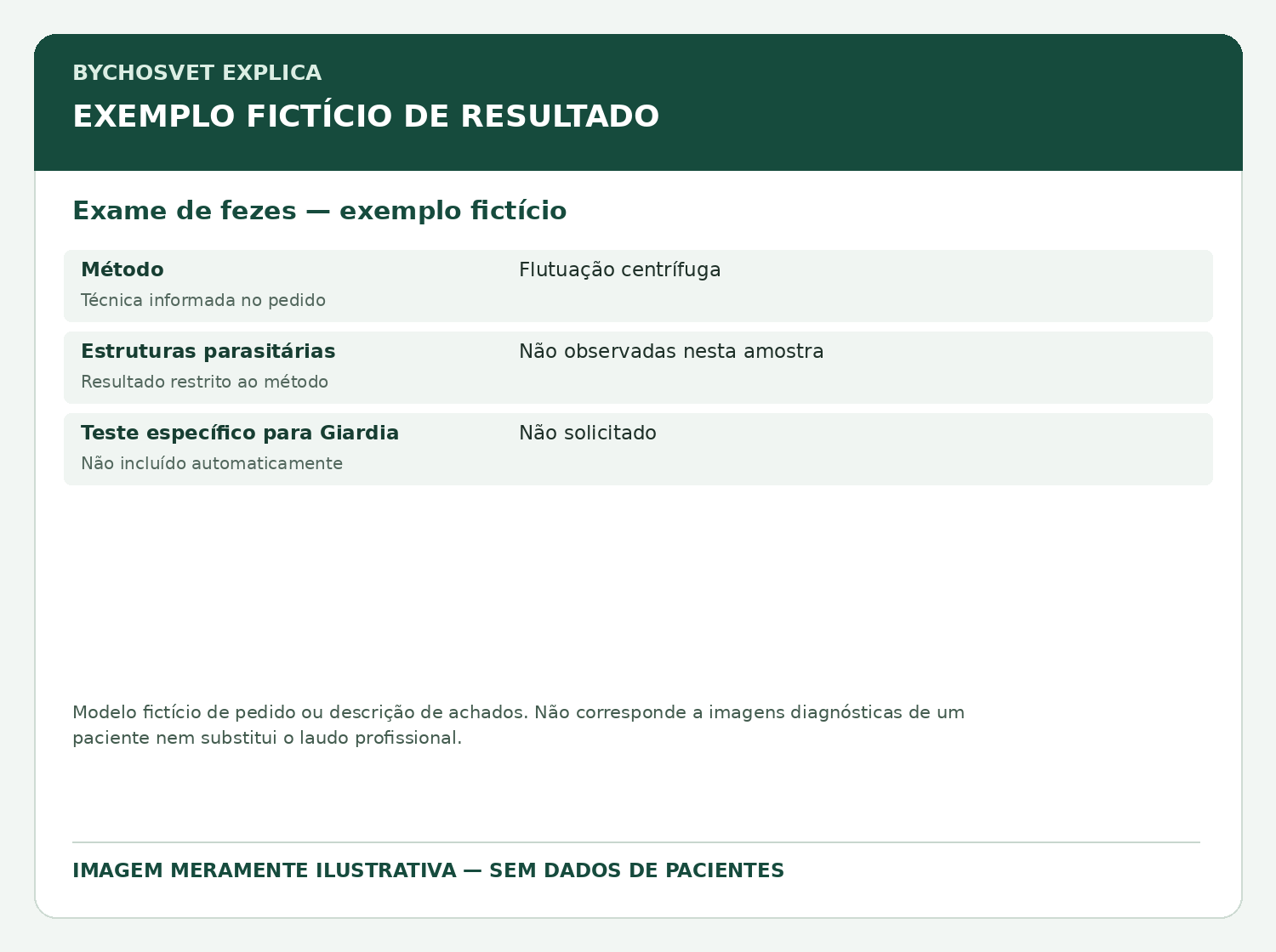 Exame de fezes — exemplo fictício — modelo fictício de resultado para fins educativos