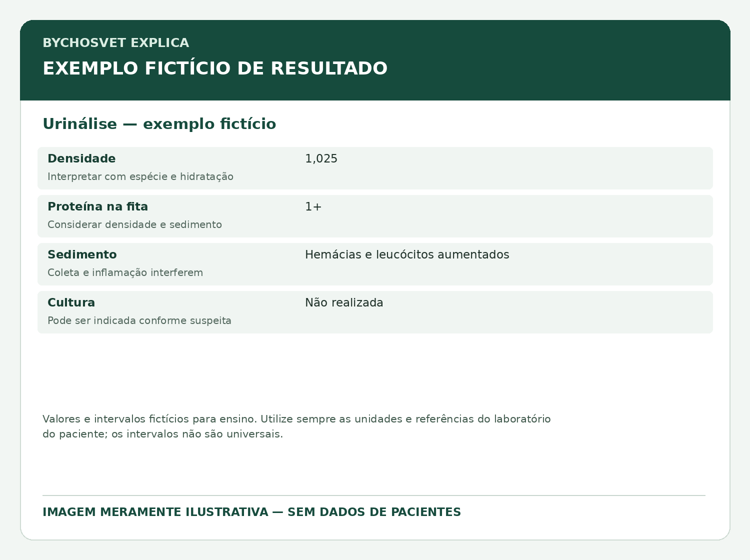 Urinálise — exemplo fictício — modelo fictício de resultado para fins educativos