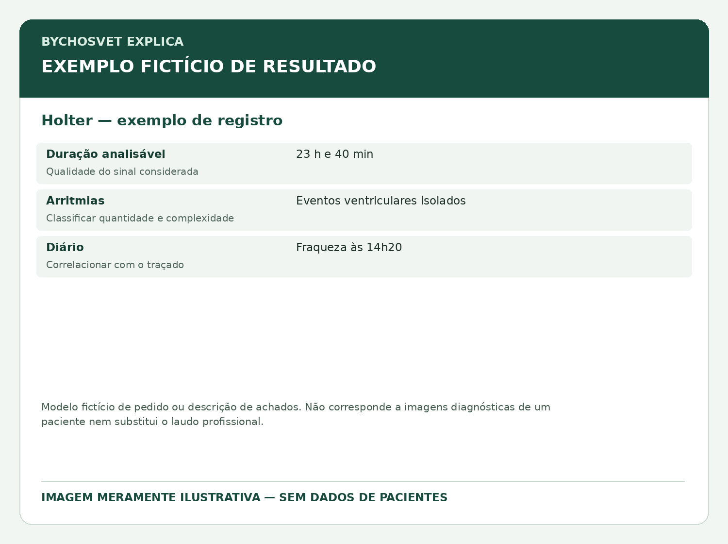 Holter — exemplo de registro — modelo fictício de resultado para fins educativos