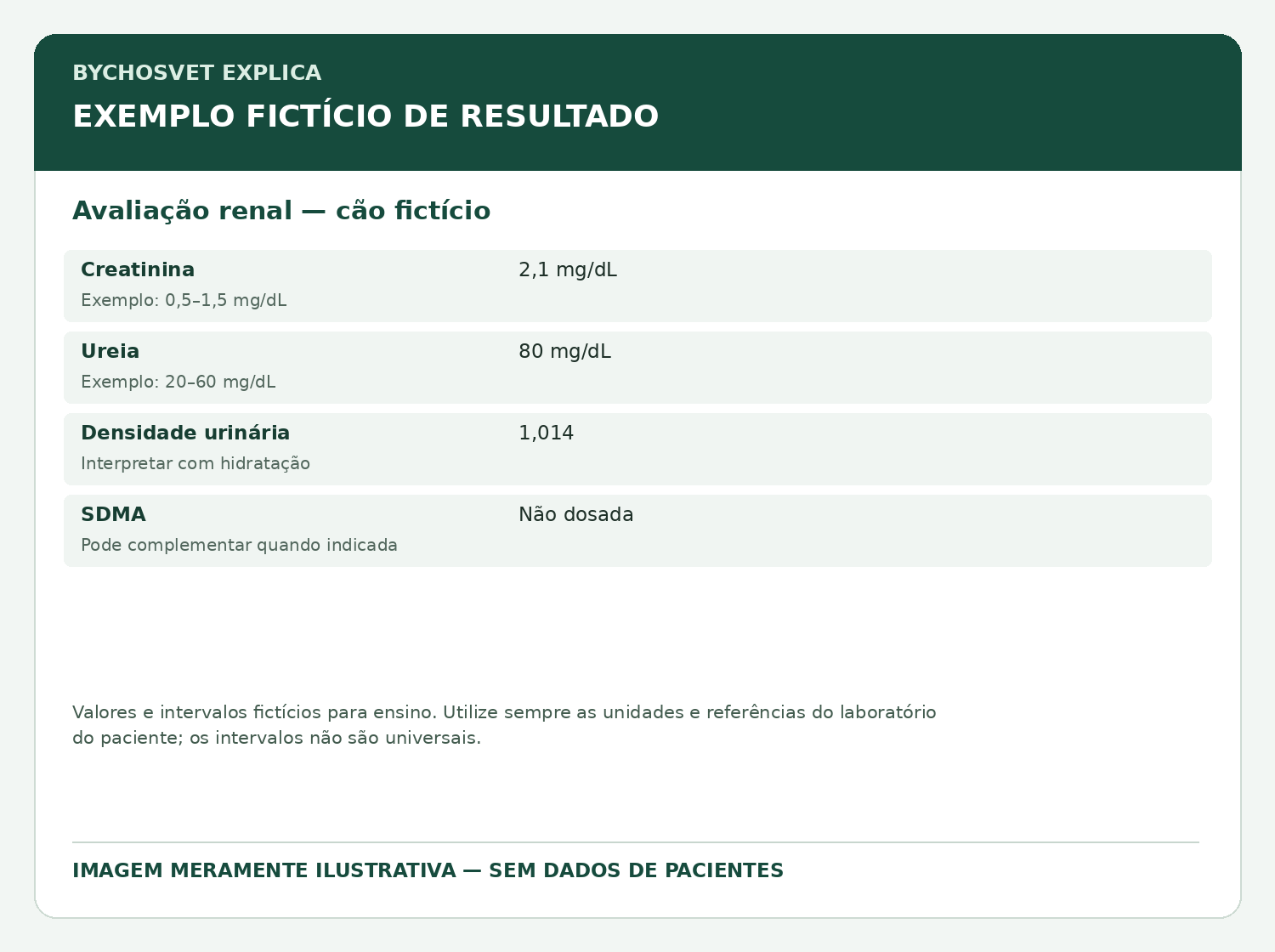 Avaliação renal — cão fictício — modelo fictício de resultado para fins educativos