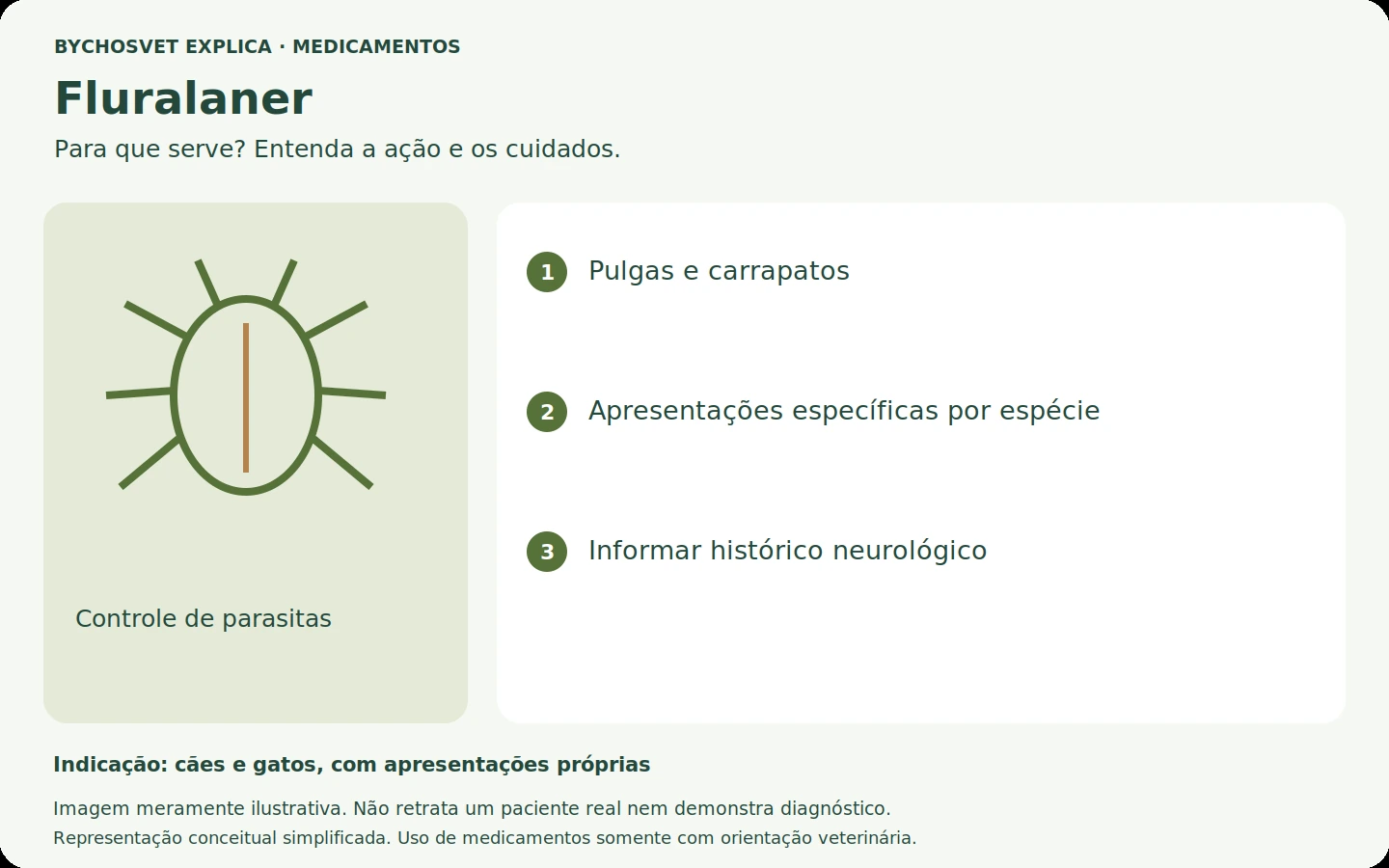 Fluralaner: esquema em português sobre ação, indicações e cuidados.