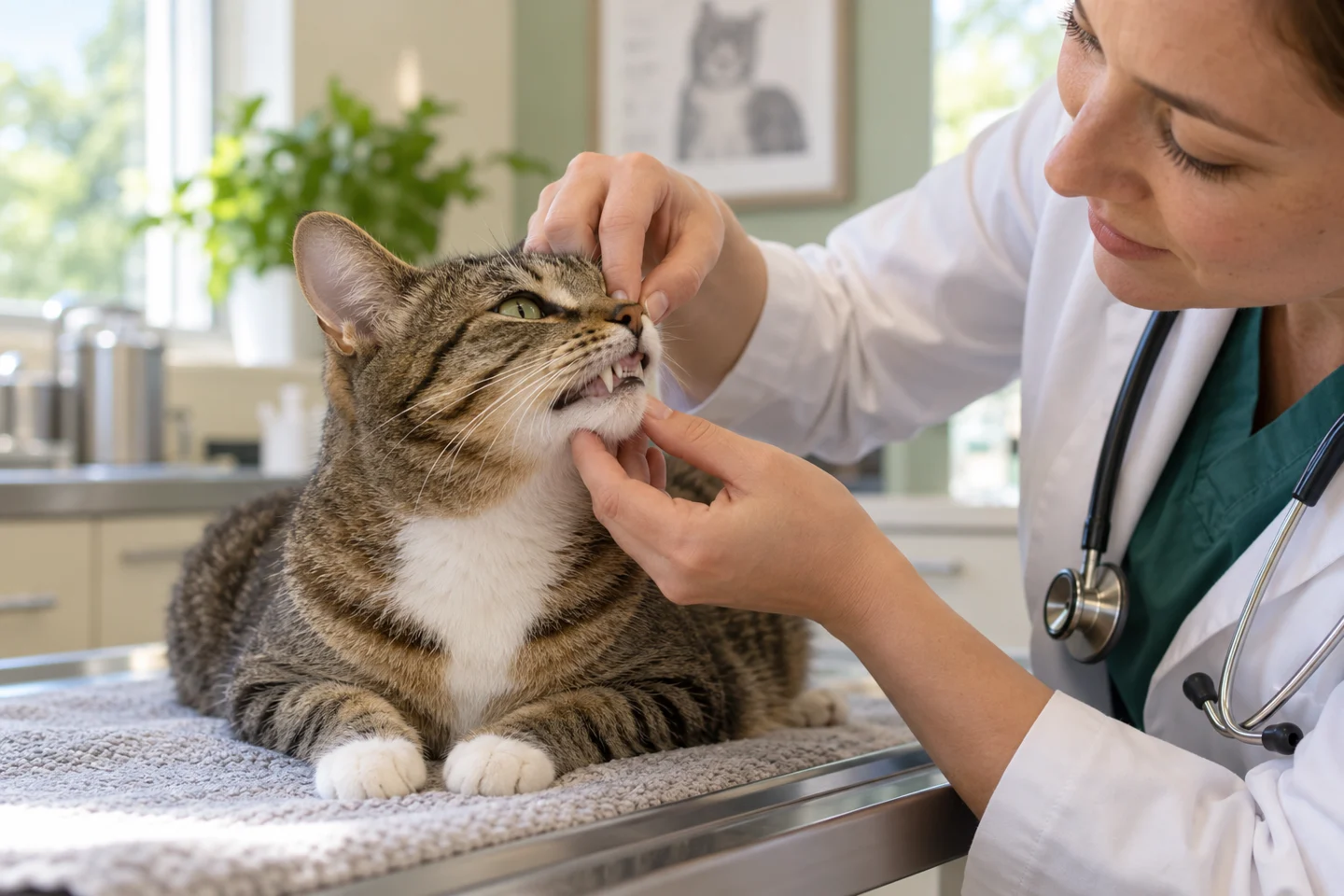 Cena ilustrativa de avaliação oral em um gato.