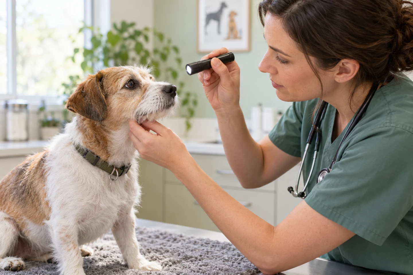Cena ilustrativa de avaliação ocular em um cão.