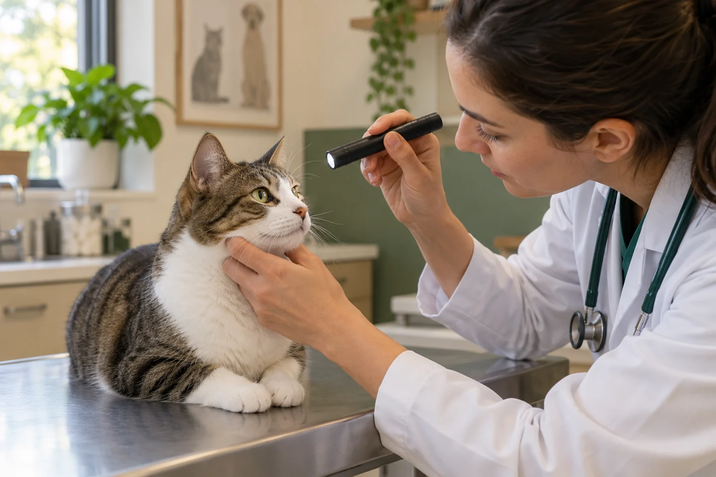 Cena ilustrativa de avaliação ocular em um gato.