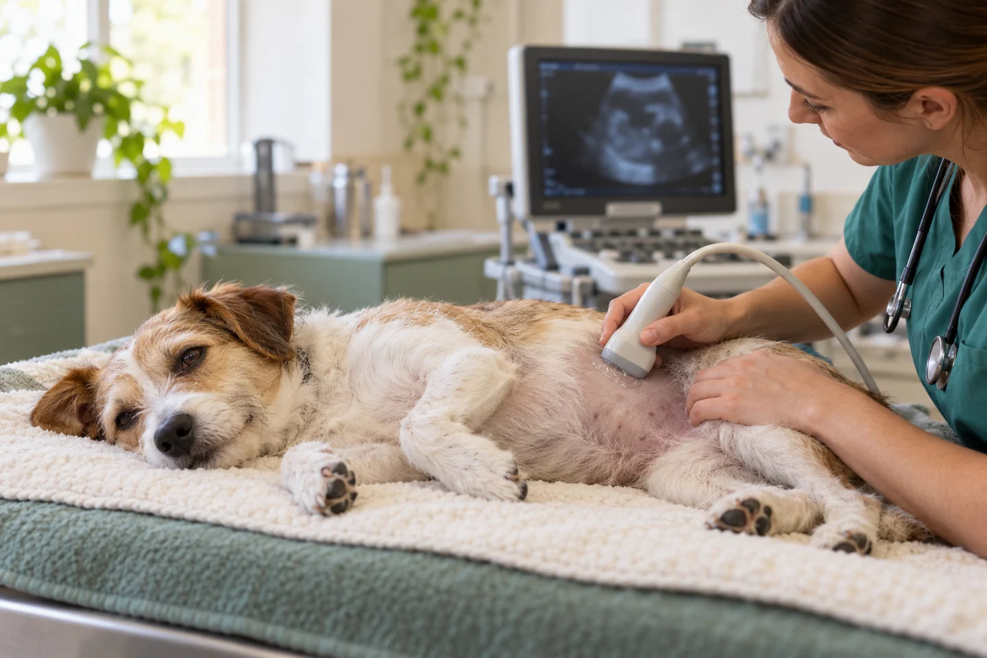 Cena ilustrativa de ultrassonografia abdominal em um cão.