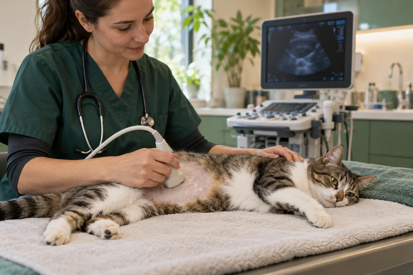 Cena ilustrativa de ultrassonografia abdominal em um gato.