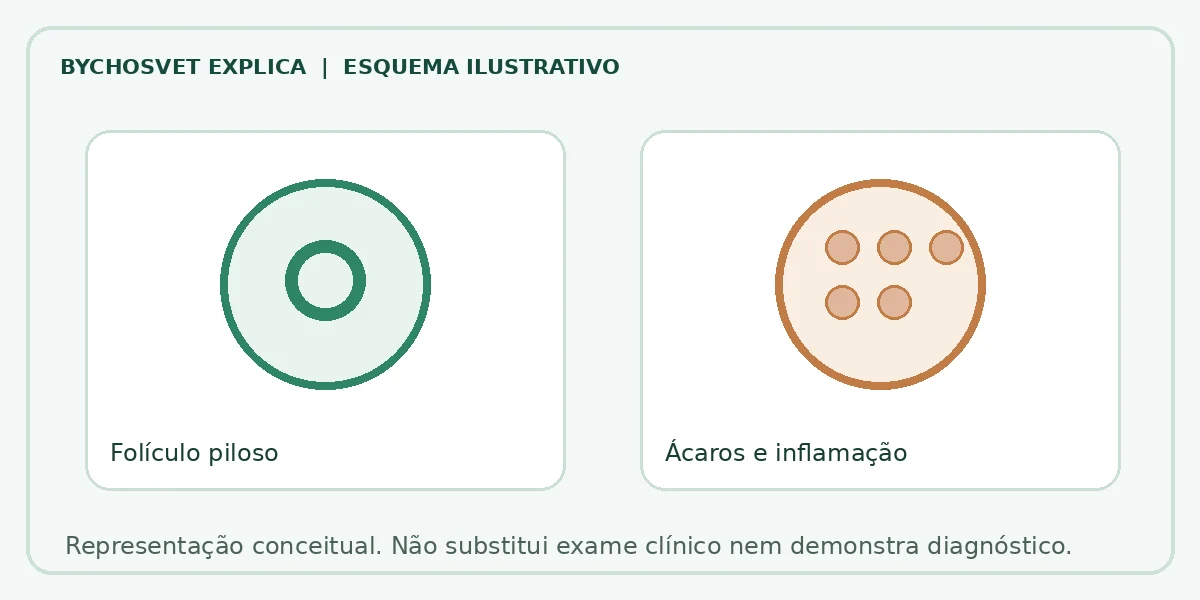 Esquema ilustrativo: Folículo piloso em comparação com Ácaros e inflamação