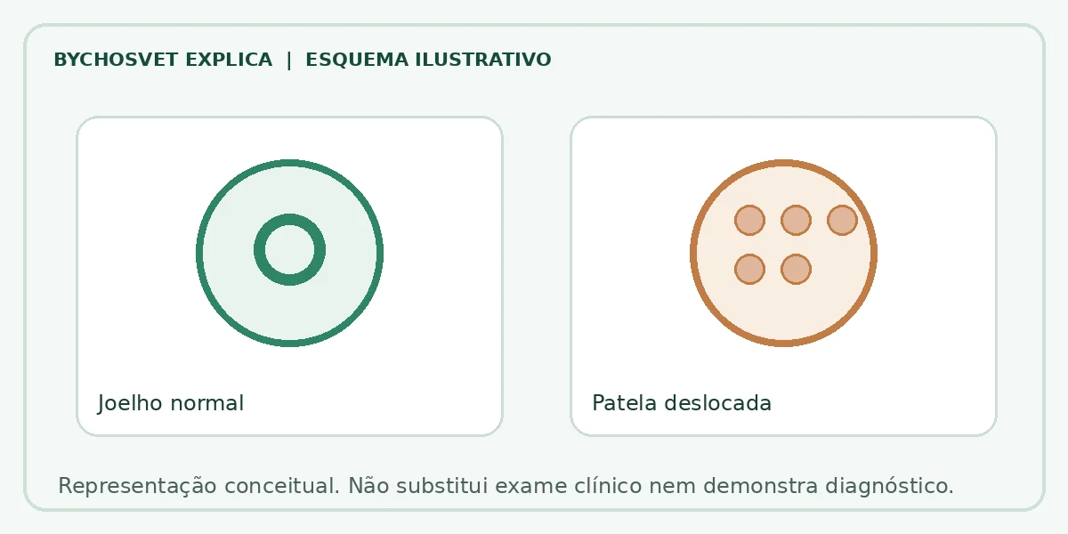 Esquema ilustrativo: Joelho normal em comparação com Patela deslocada