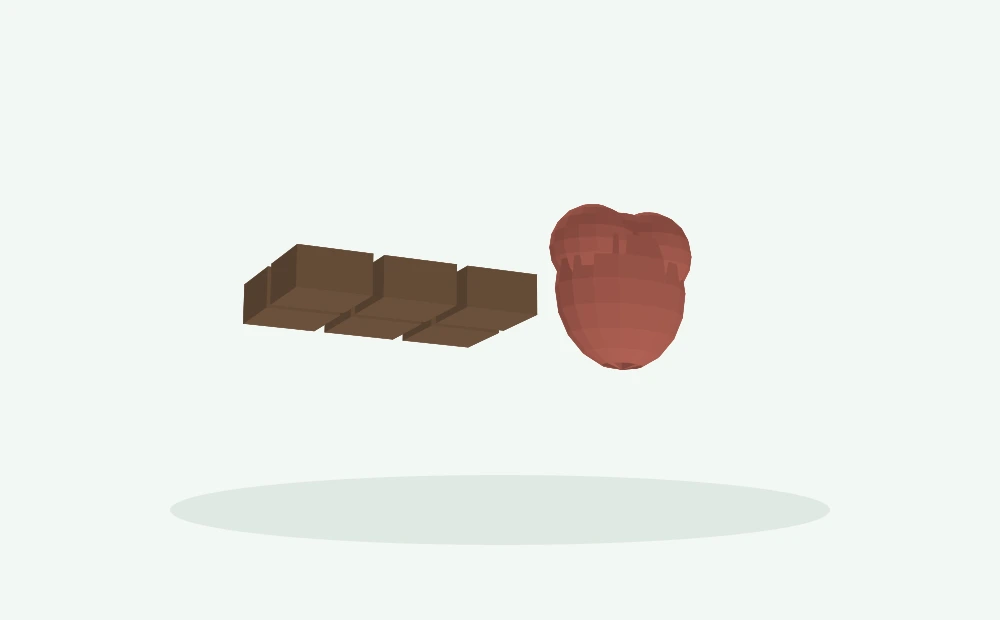 Modelo 3D esquemático: Chocolate, coração e sistema nervoso