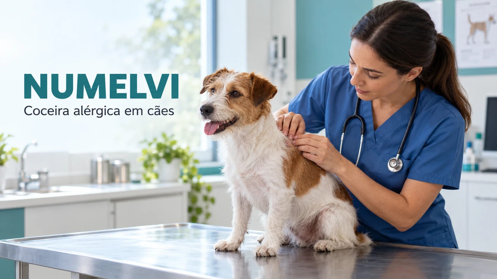 Cena ilustrativa de avaliação da pele de um cão em consultório veterinário