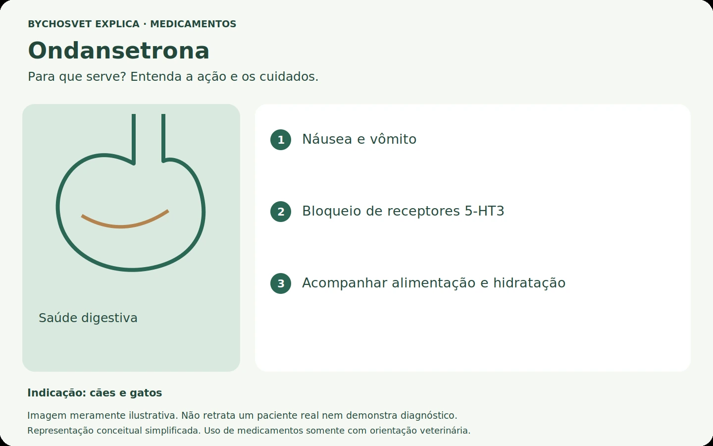 Ondansetrona: esquema em português sobre ação, indicações e cuidados.