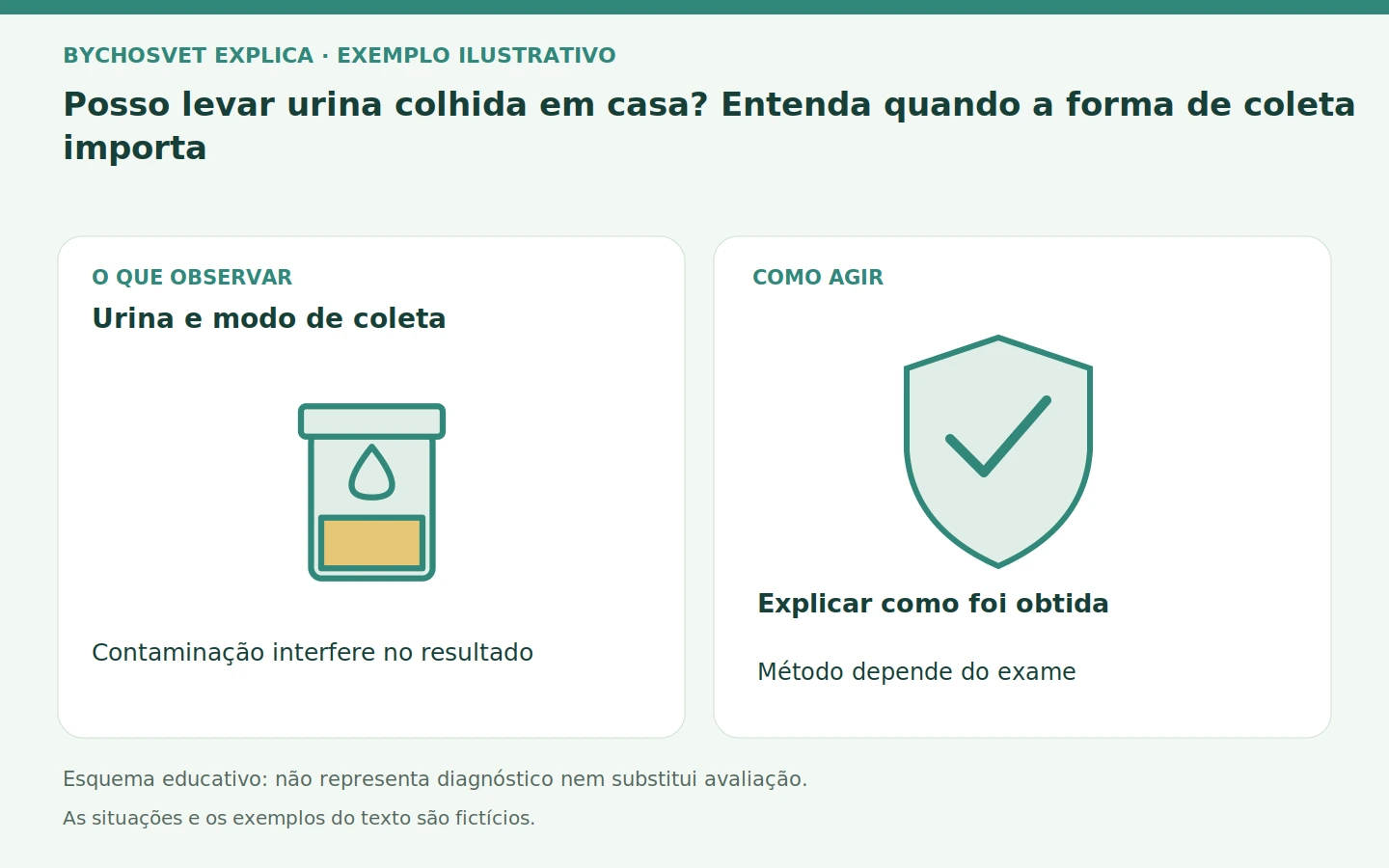 Urina e modo de coleta: Contaminação interfere no resultado. Explicar como foi obtida; Método depende do exame