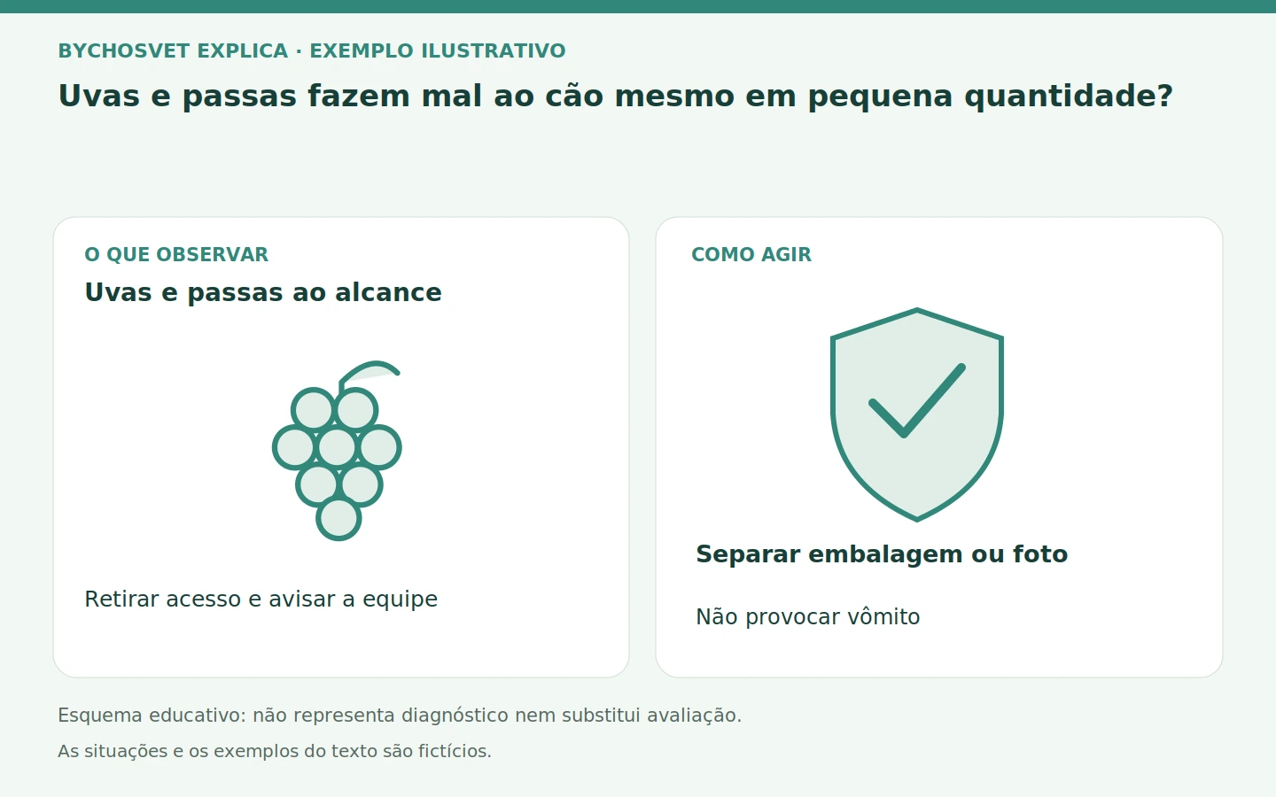 Uvas e passas ao alcance: Retirar acesso e avisar a equipe. Separar embalagem ou foto; Não provocar vômito